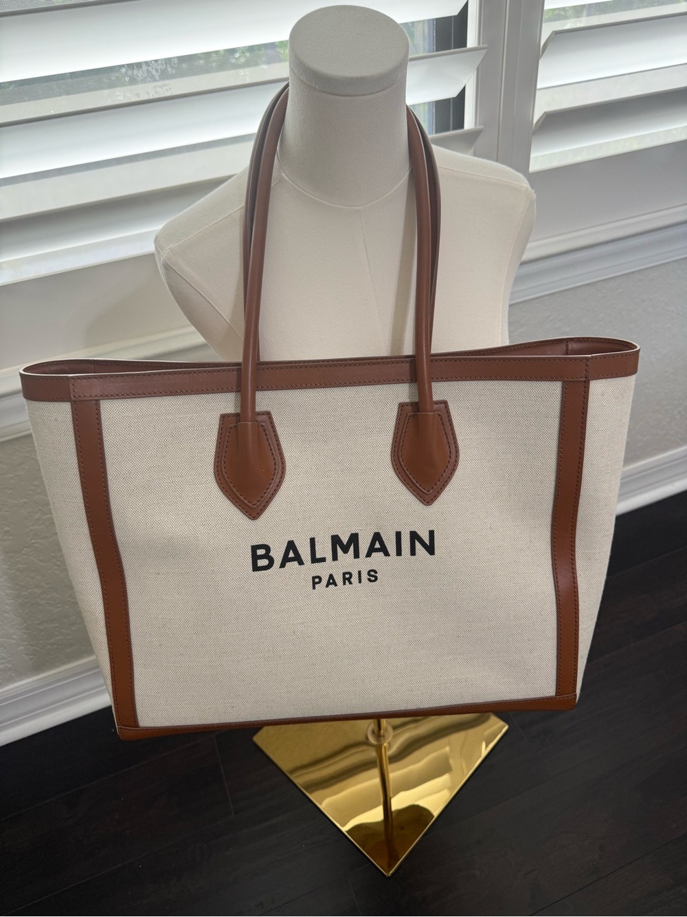 Balmain B-Army 42 Cream Canvas Tote Bag with Brown Leather Details